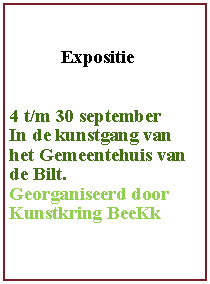 Tekstvak:                Expositie 4 t/m 30 septemberIn de kunstgang van het Gemeentehuis van de Bilt.Georganiseerd doorKunstkring BeeKk